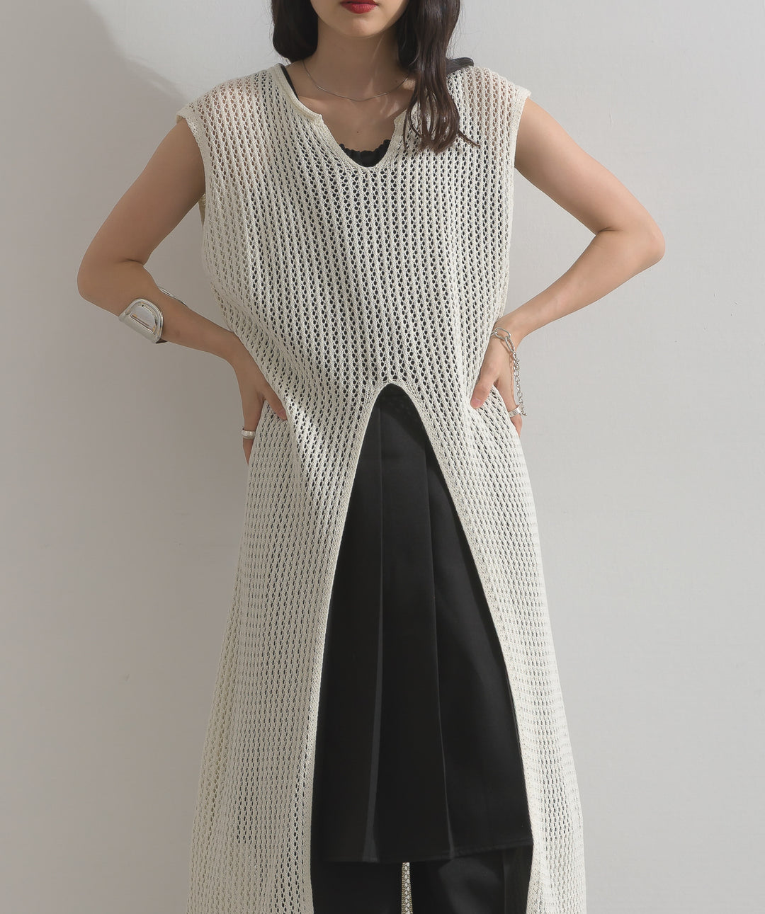 メッシュニットロングジレワンピース