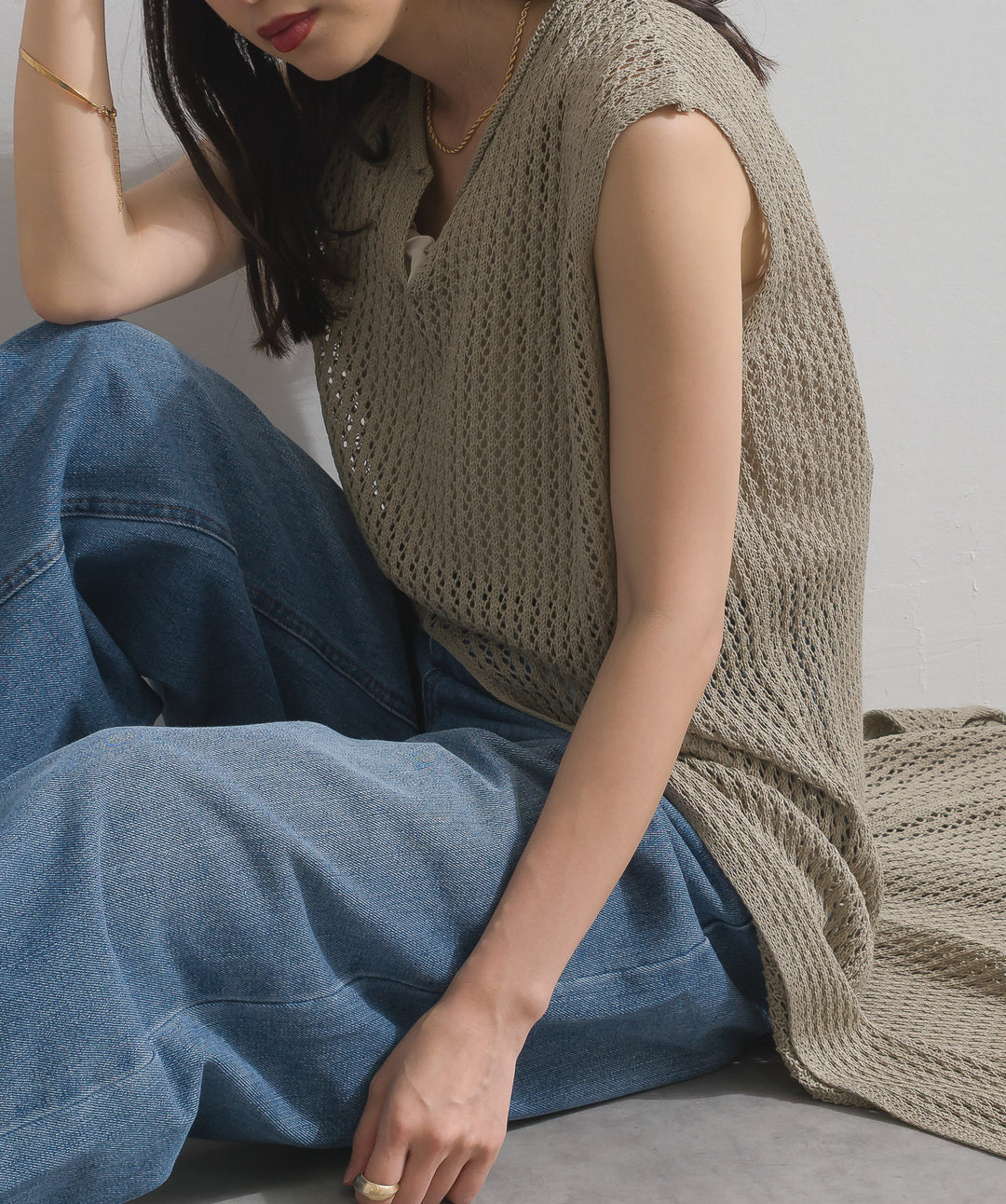 メッシュニットロングジレワンピース