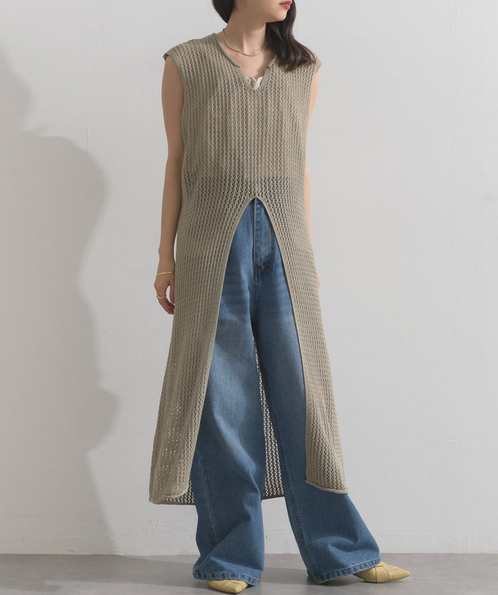 メッシュニットロングジレワンピース