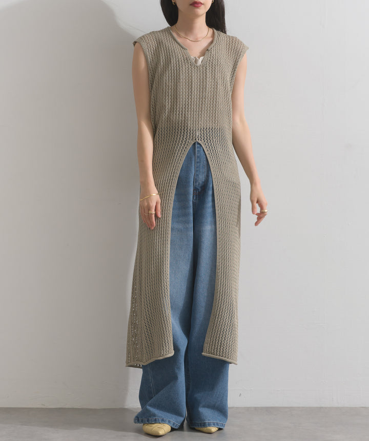 メッシュニットロングジレワンピース