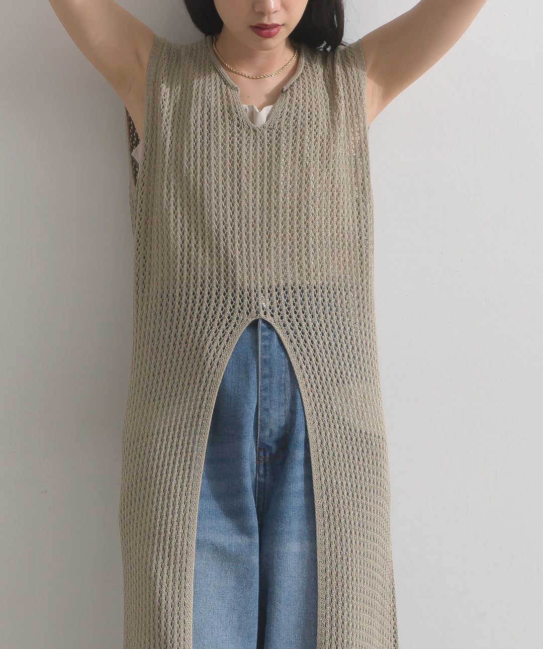 メッシュニットロングジレワンピース