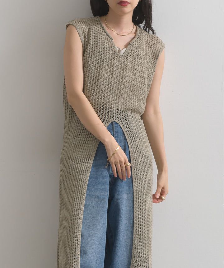 メッシュニットロングジレワンピース