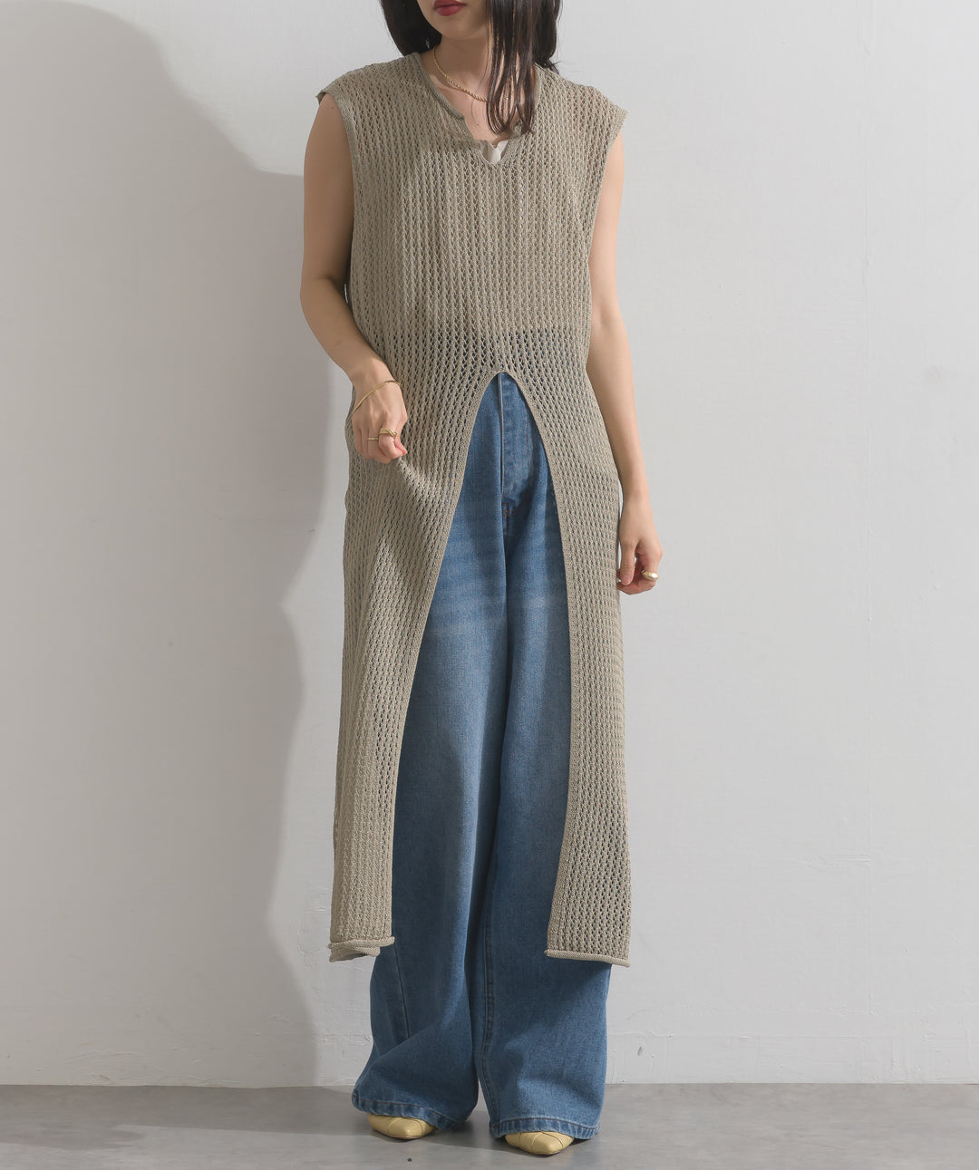 メッシュニットロングジレワンピース