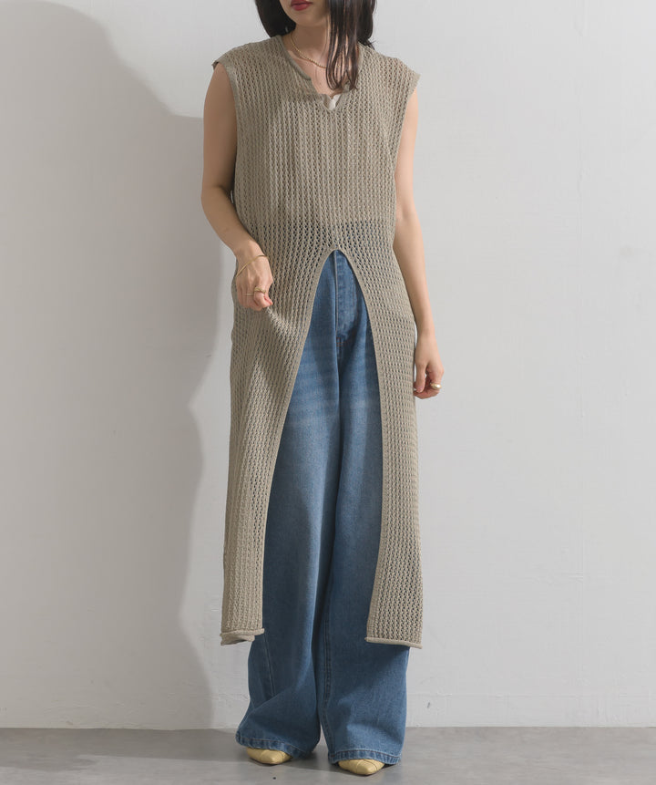 メッシュニットロングジレワンピース
