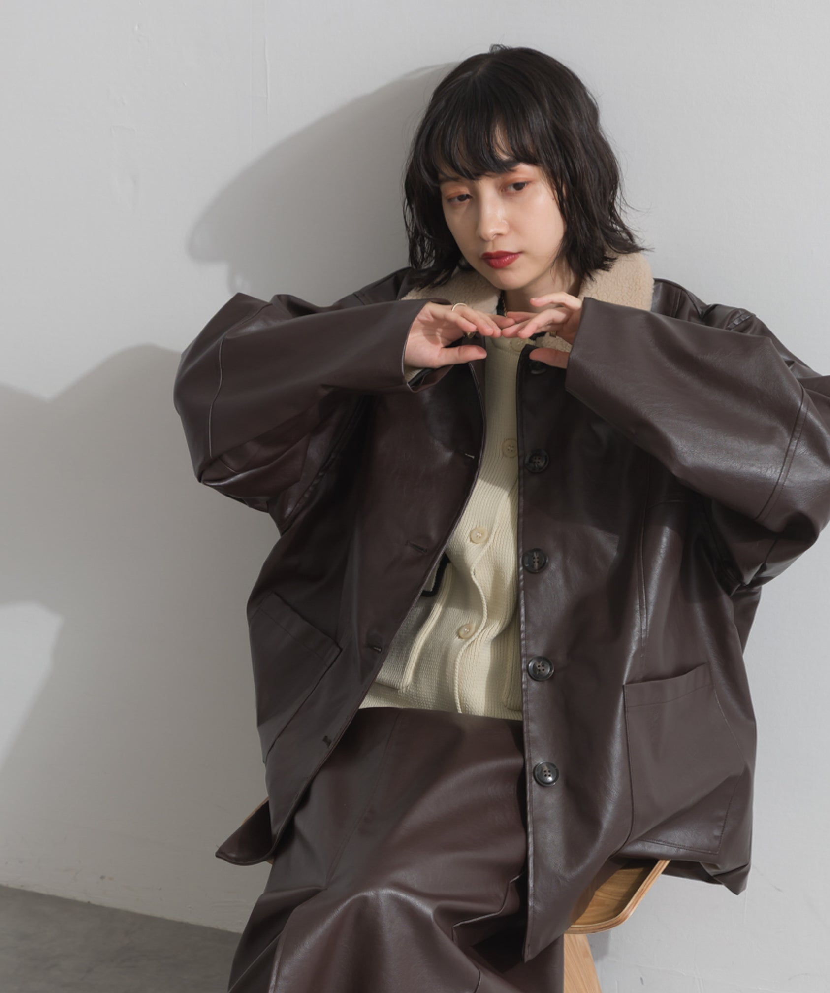 ボア付きフェイクレザーカバーオール – OandI