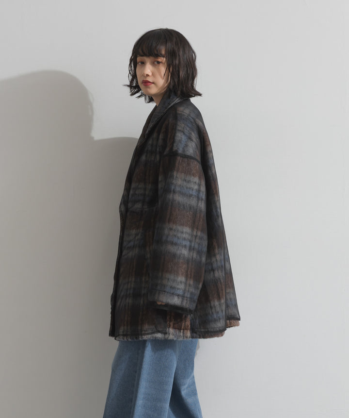 シャギーチェックチュールレイヤードハーフコートアウター