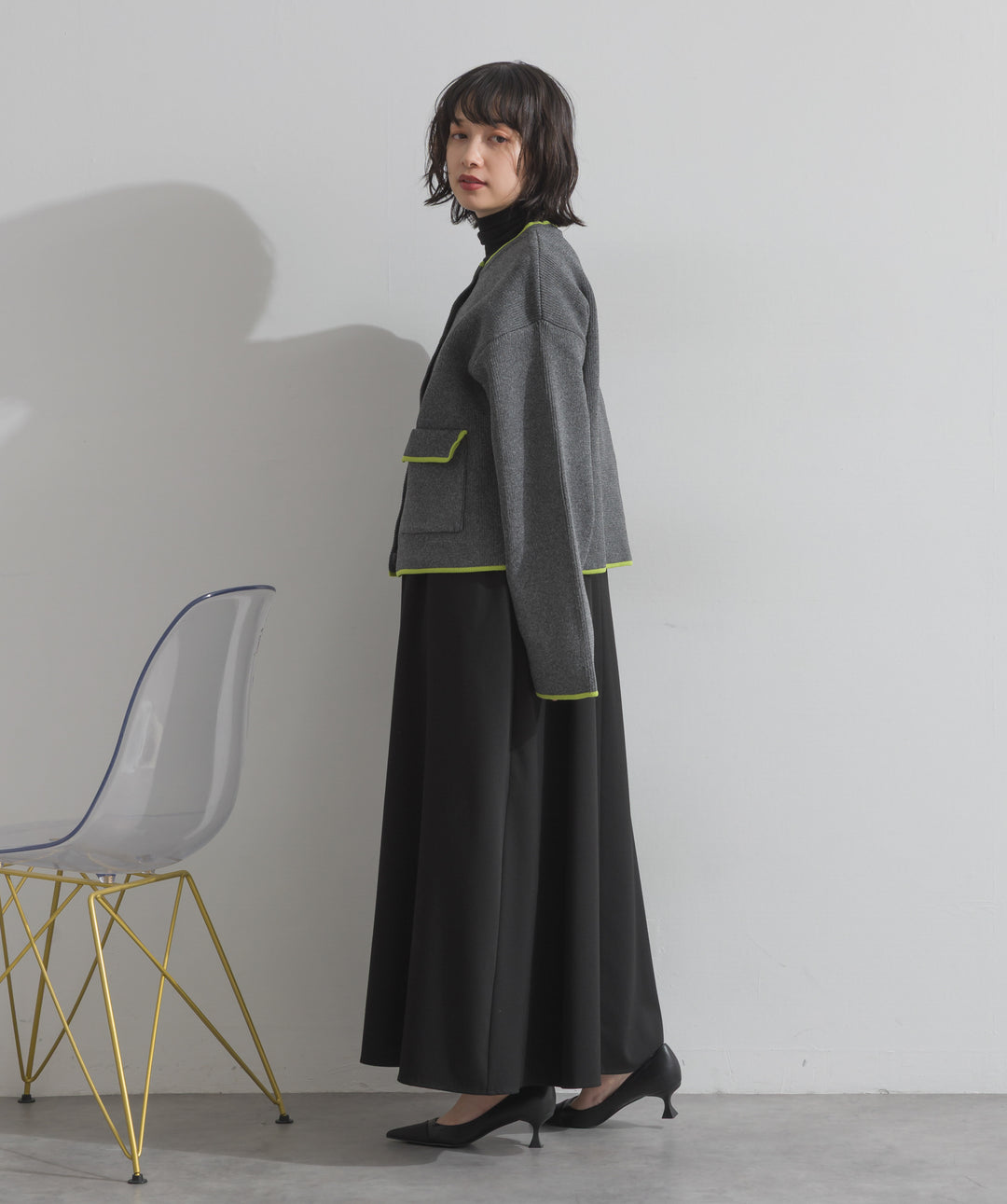 配色クルーネックカーディガン