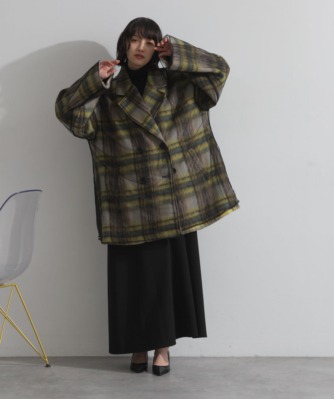 シャギーチェックチュールレイヤードハーフコートアウター