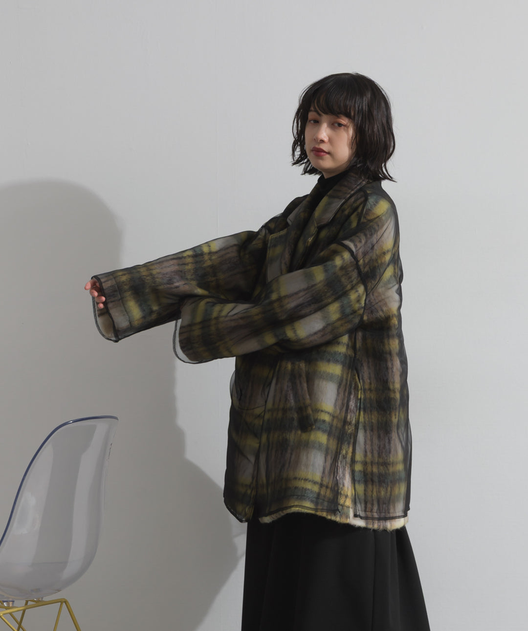 シャギーチェックチュールレイヤードハーフコートアウター