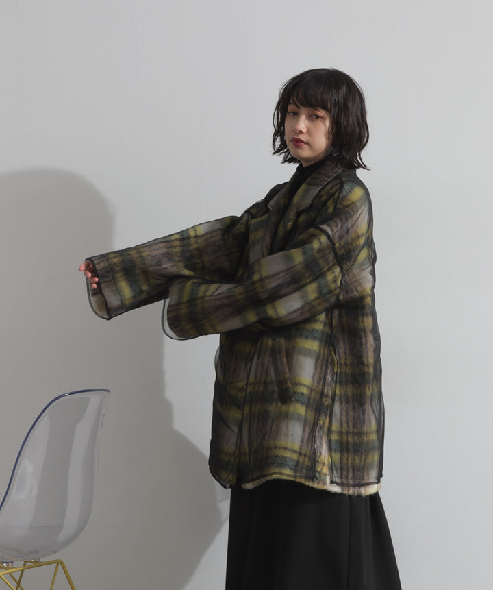 シャギーチェックチュールレイヤードハーフコートアウター