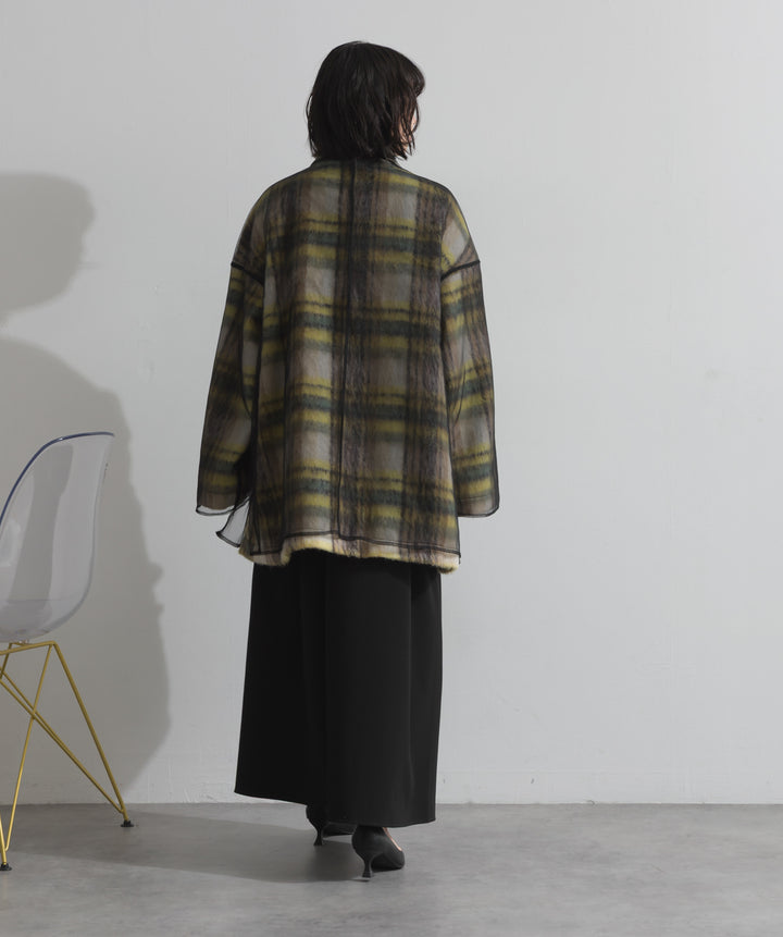 シャギーチェックチュールレイヤードハーフコートアウター