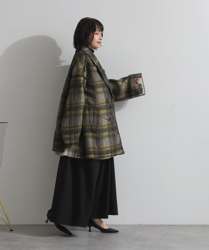 シャギーチェックチュールレイヤードハーフコートアウター