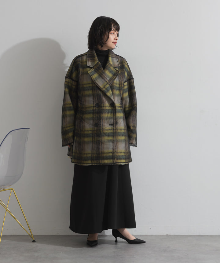 シャギーチェックチュールレイヤードハーフコートアウター