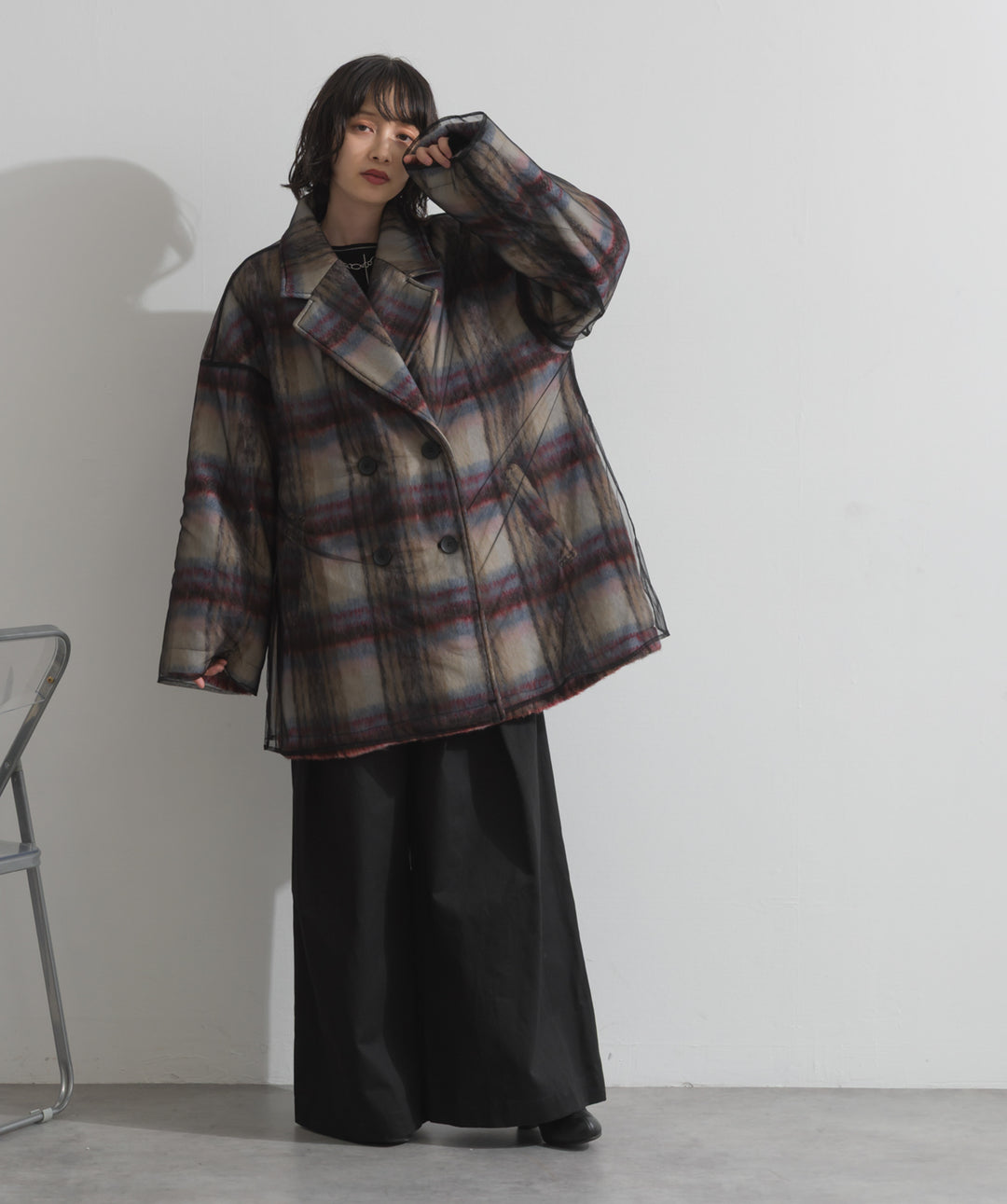 シャギーチェックチュールレイヤードハーフコートアウター
