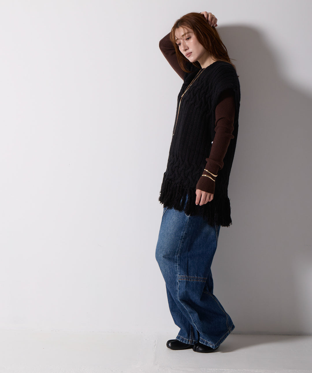 ケーブルニットフリンジベスト