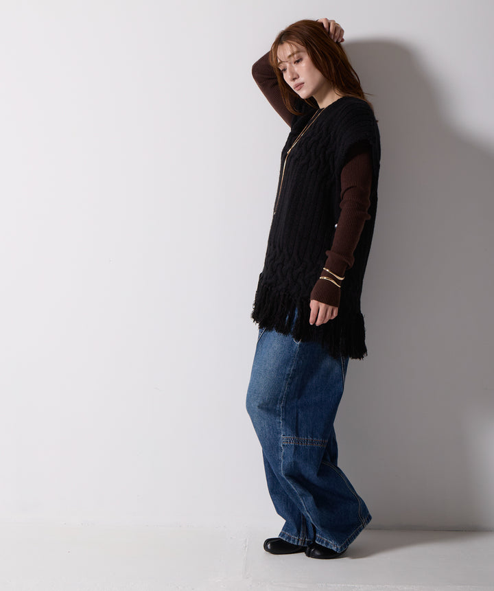 ケーブルニットフリンジベスト