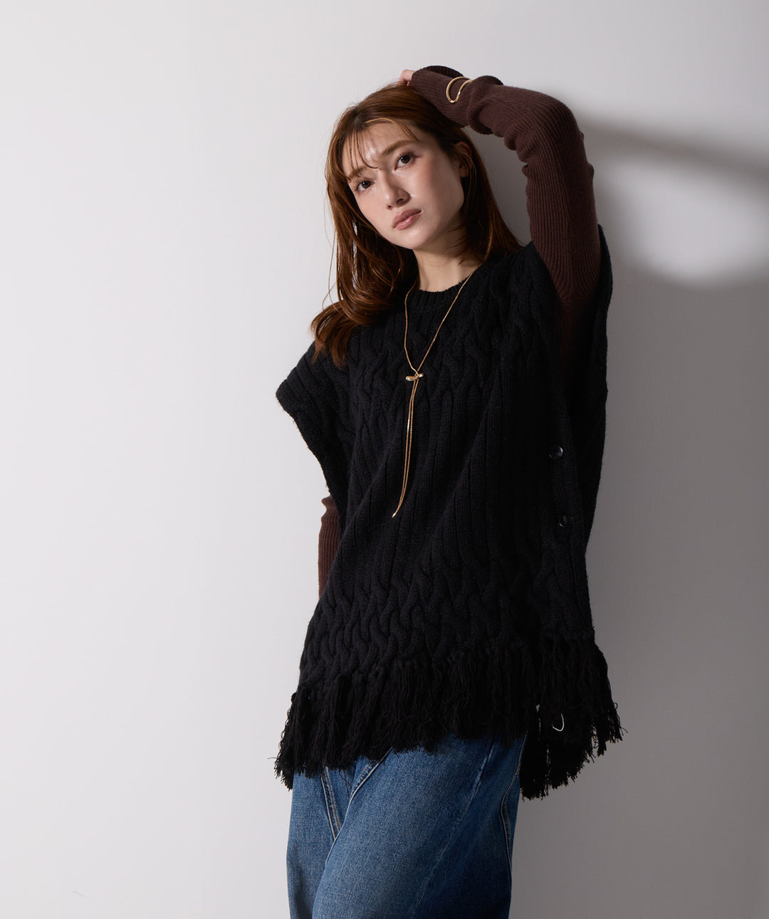 ケーブルニットフリンジベスト