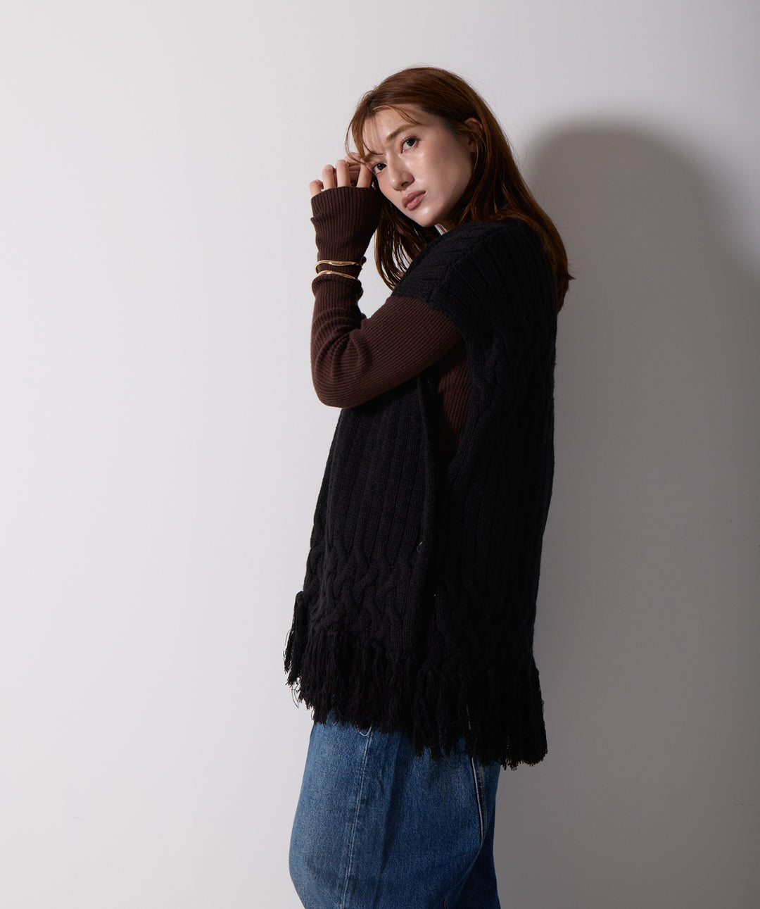 ケーブルニットフリンジベスト