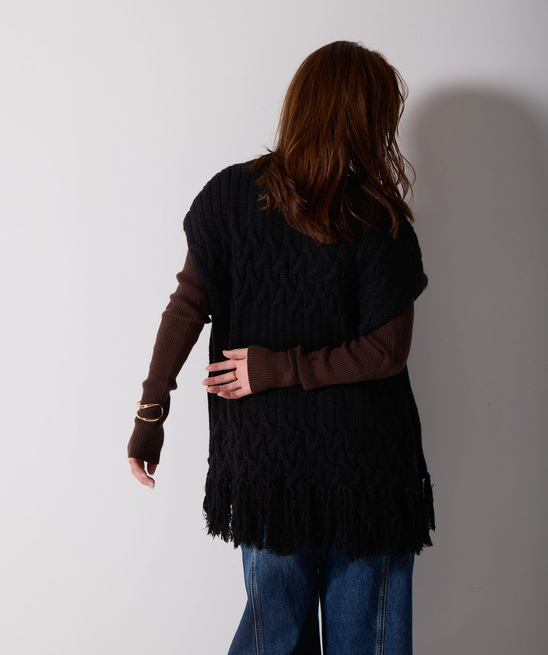 ケーブルニットフリンジベスト