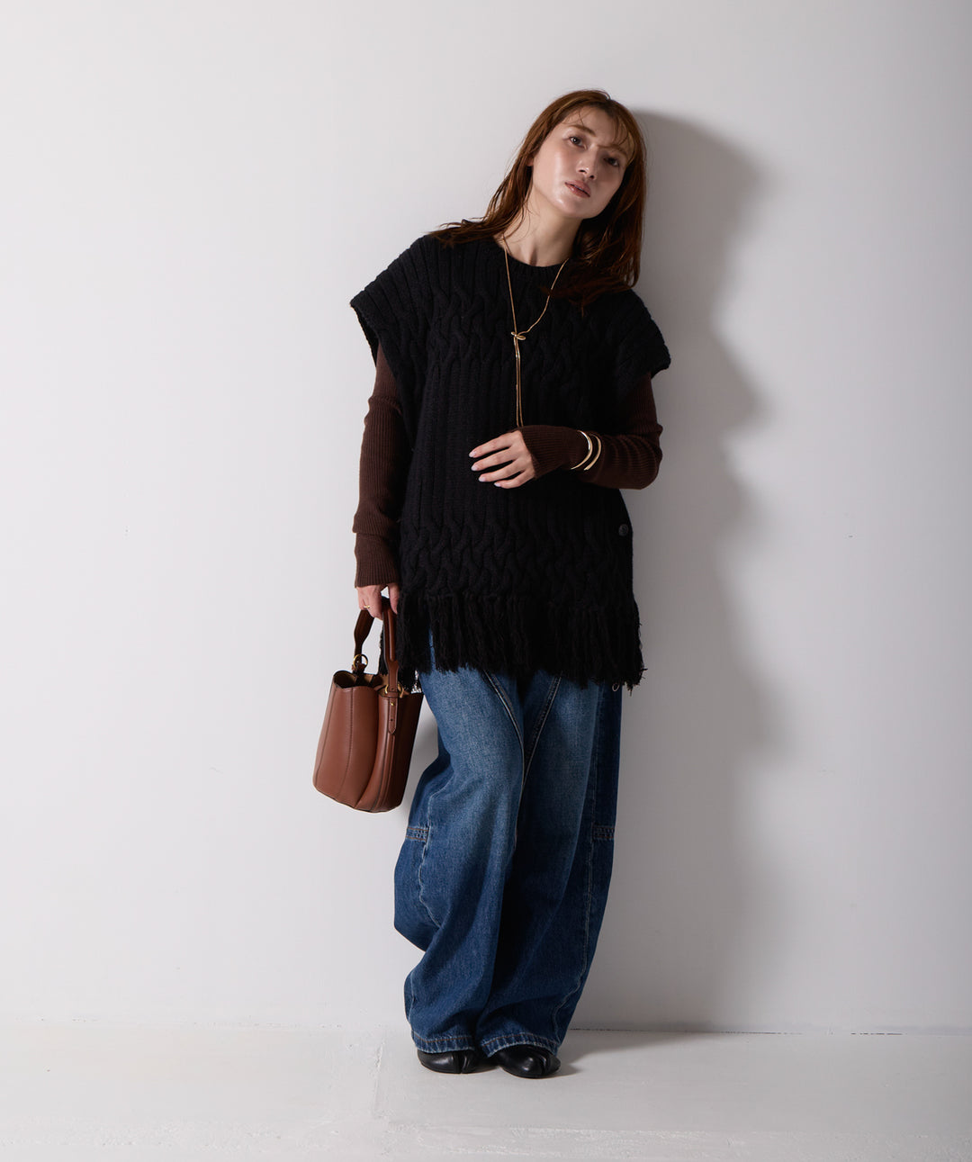 ケーブルニットフリンジベスト