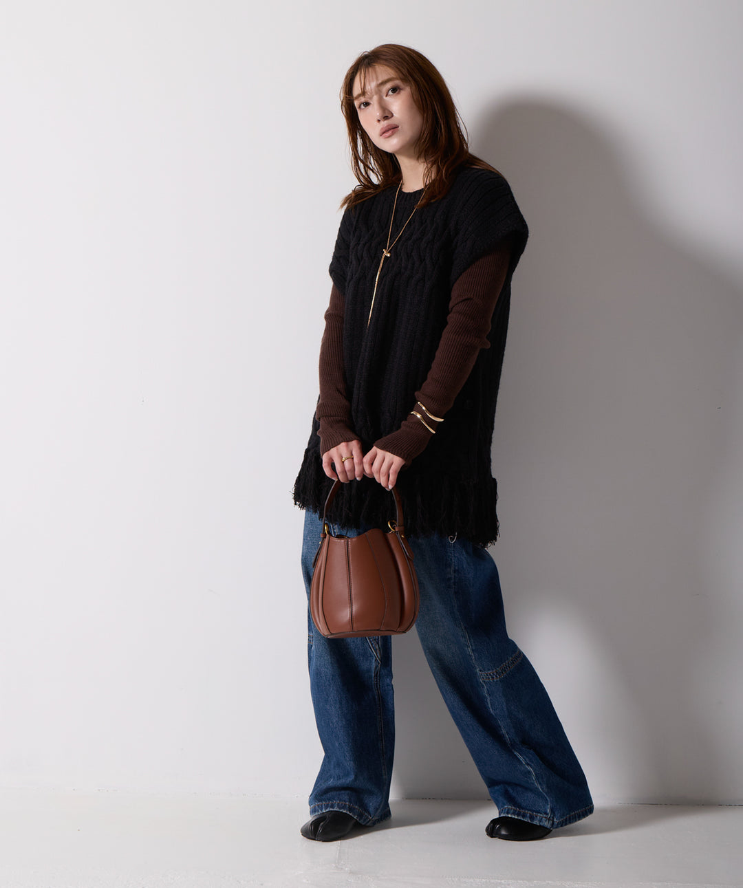 ケーブルニットフリンジベスト