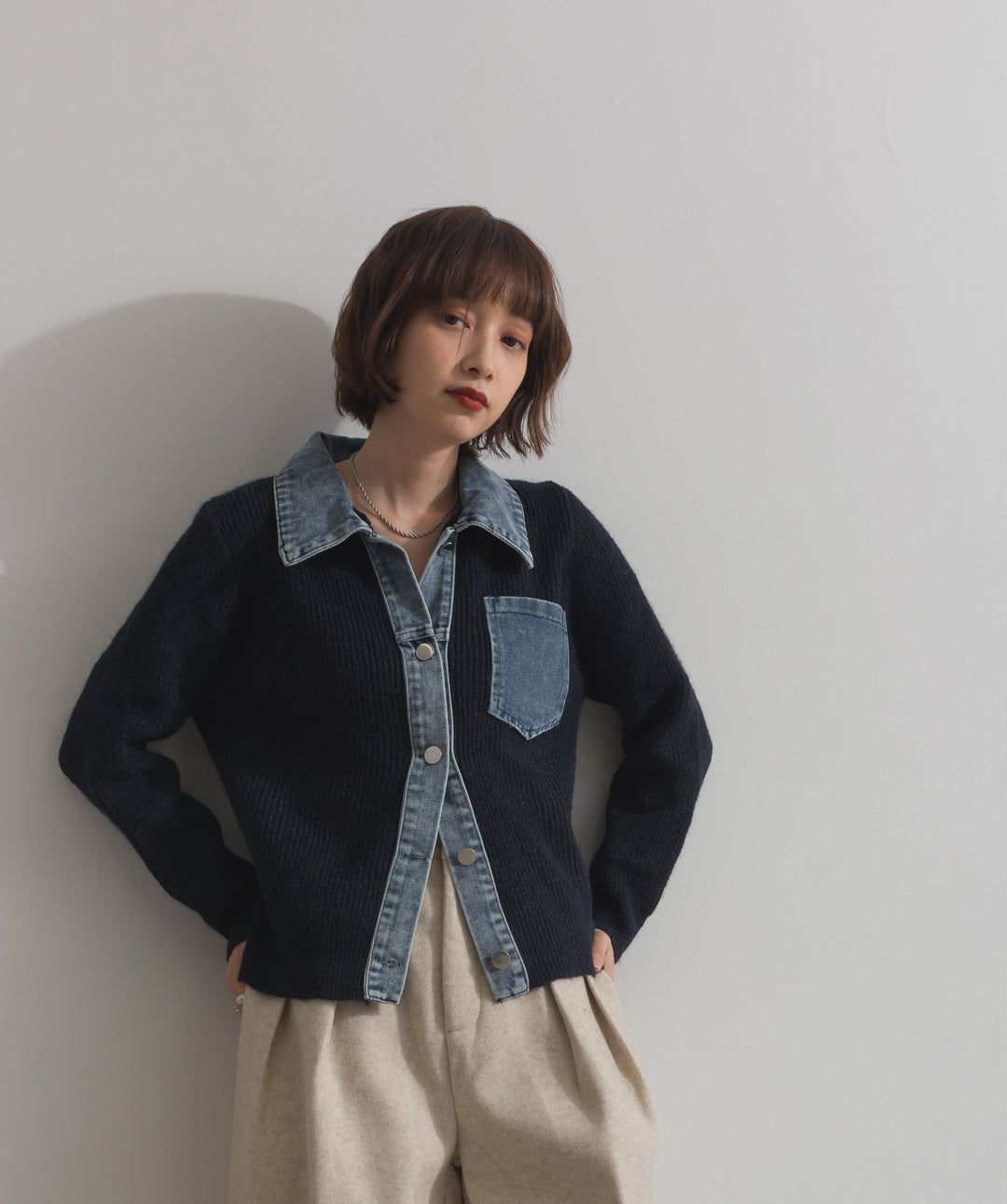 デニム切替ニットカーディガン