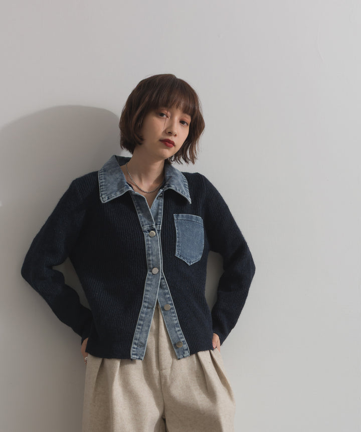 デニム切替ニットカーディガン