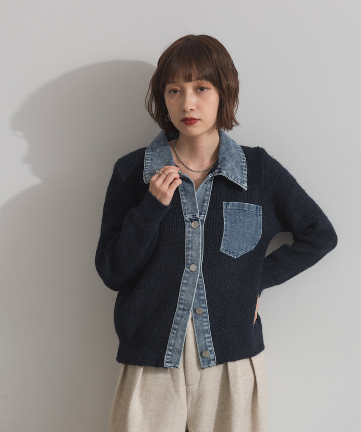 デニム切替ニットカーディガン