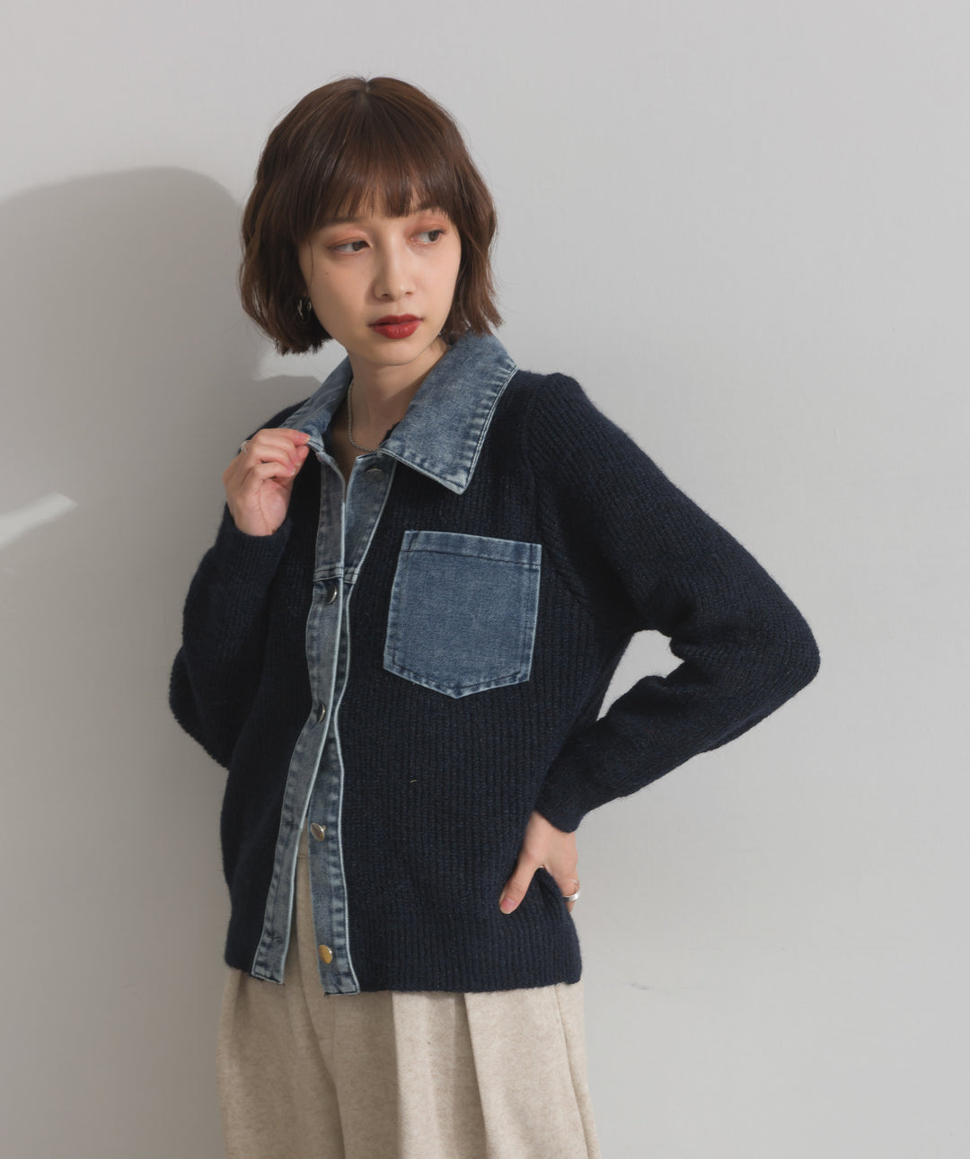 デニム切替ニットカーディガン