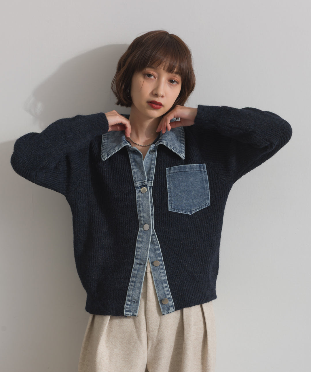デニム切替ニットカーディガン