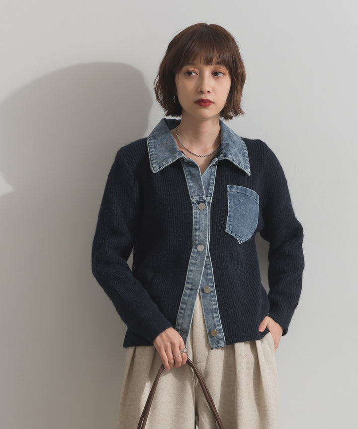 デニム切替ニットカーディガン