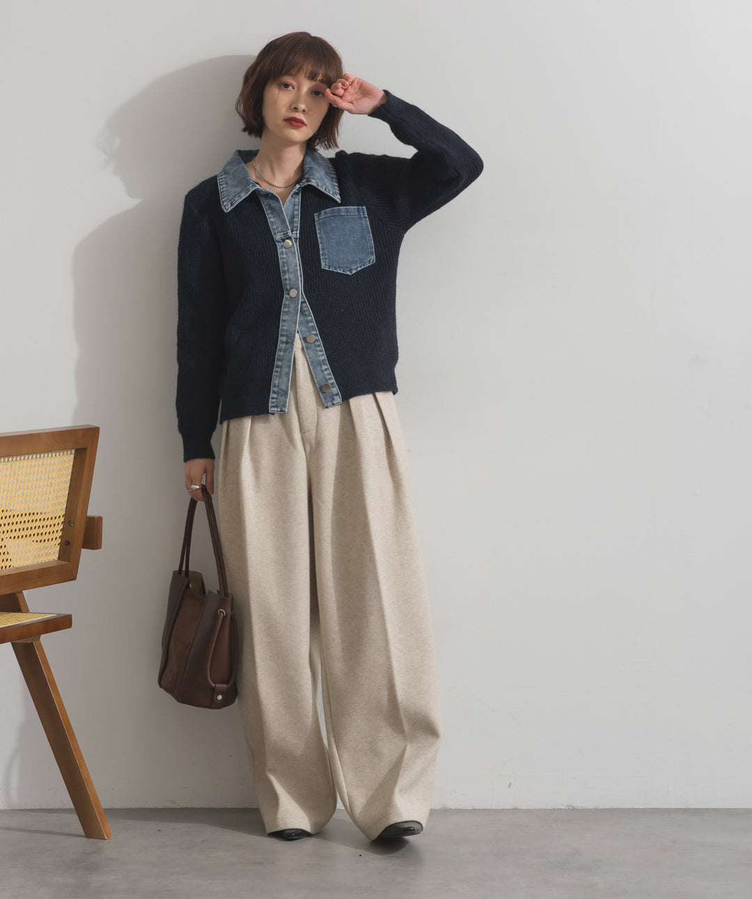 デニム切替ニットカーディガン