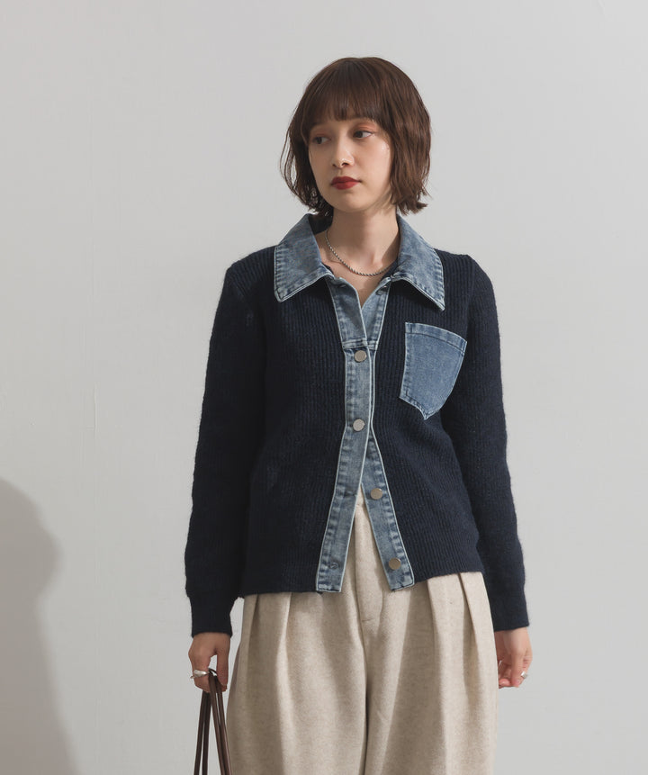 デニム切替ニットカーディガン