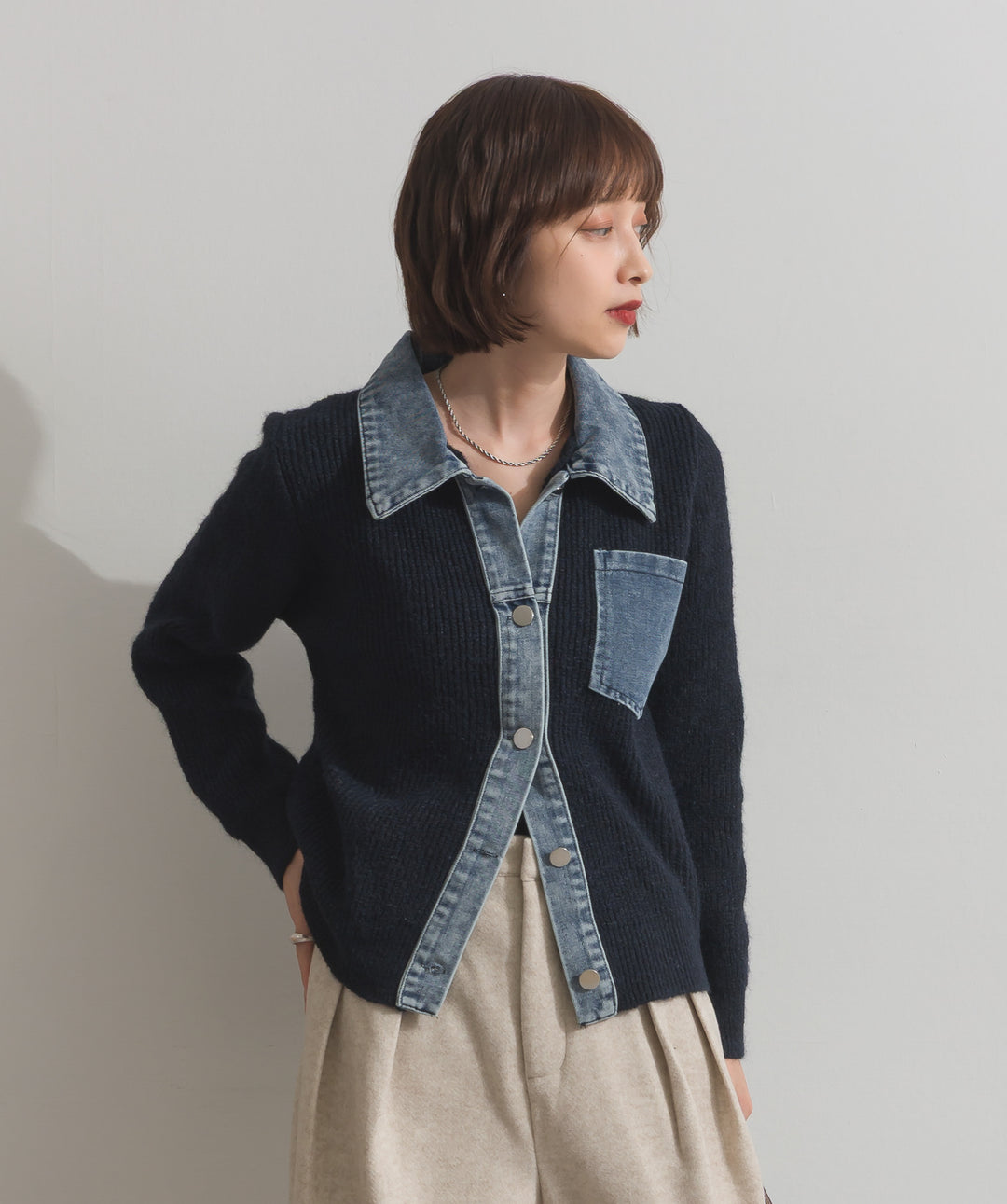 デニム切替ニットカーディガン