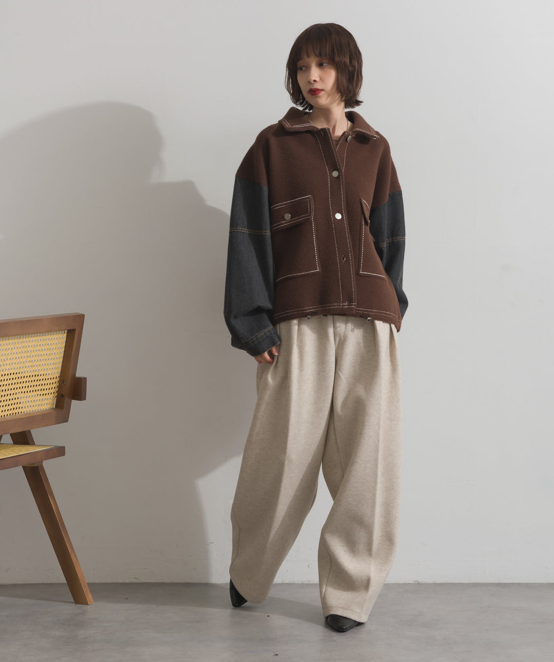 配色ステッチニットジャケットカーディガン