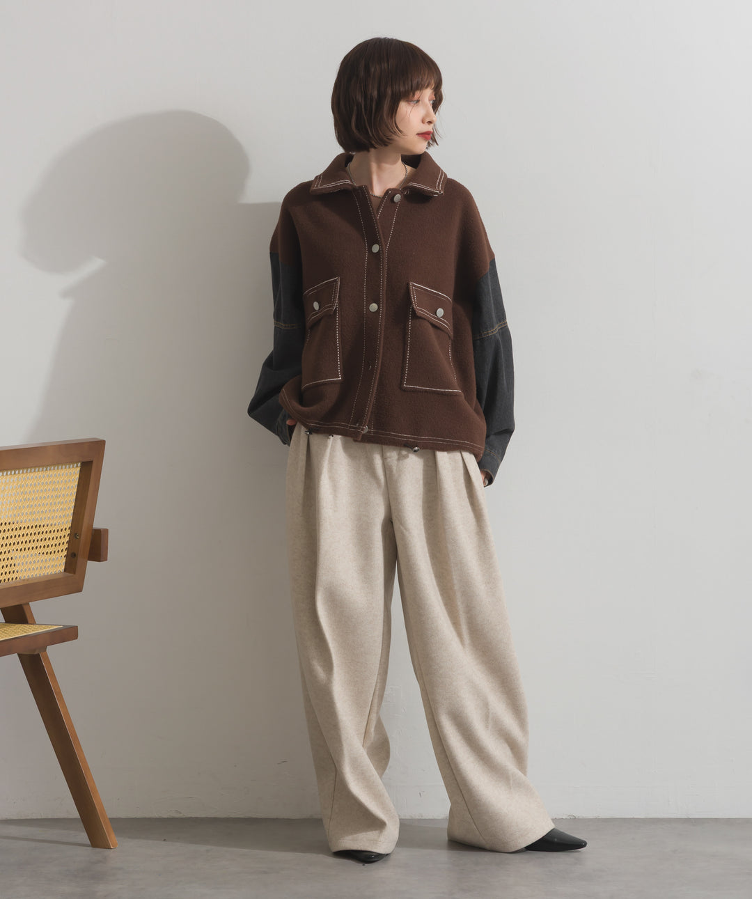 配色ステッチニットジャケットカーディガン