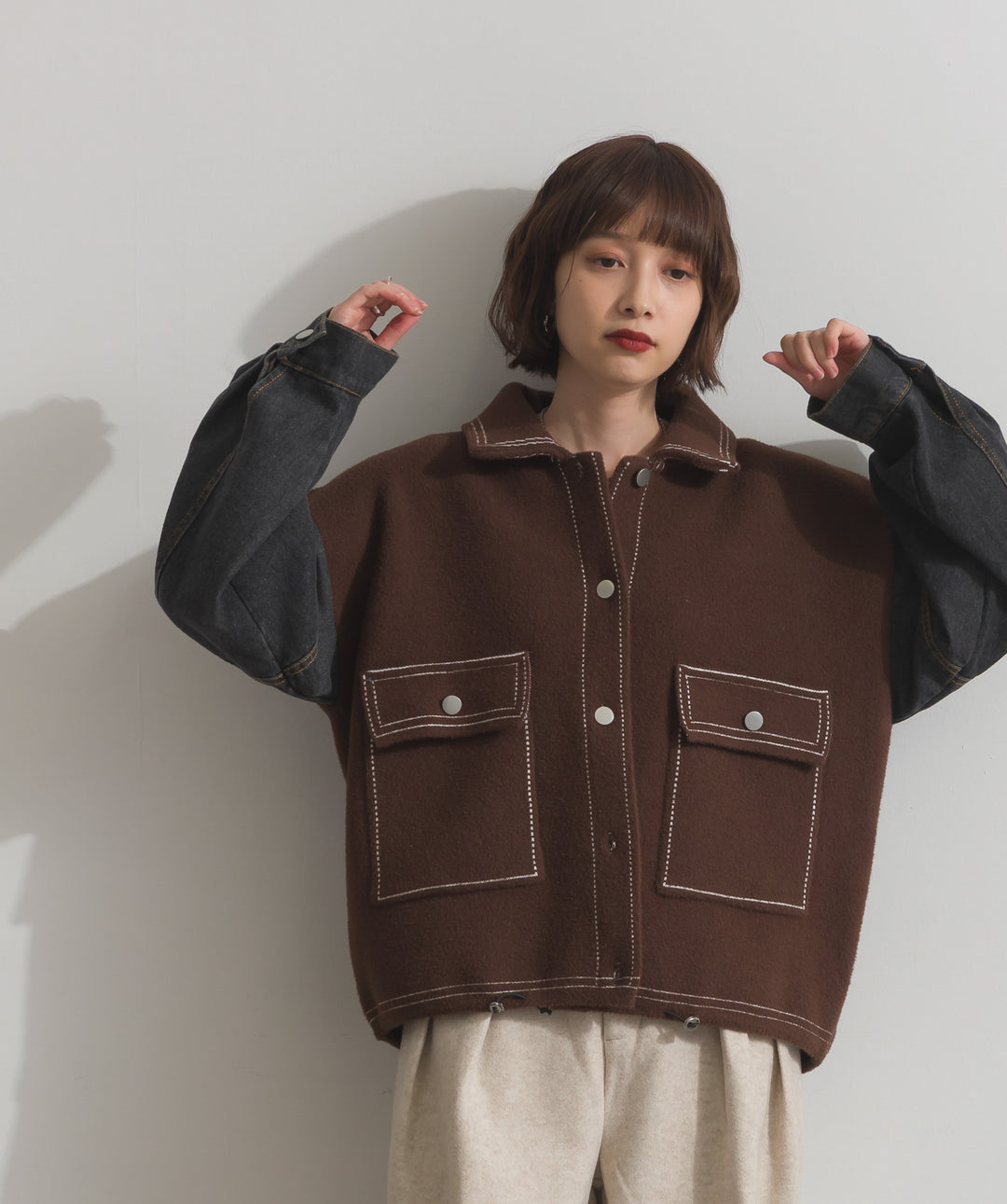 配色ステッチニットジャケットカーディガン