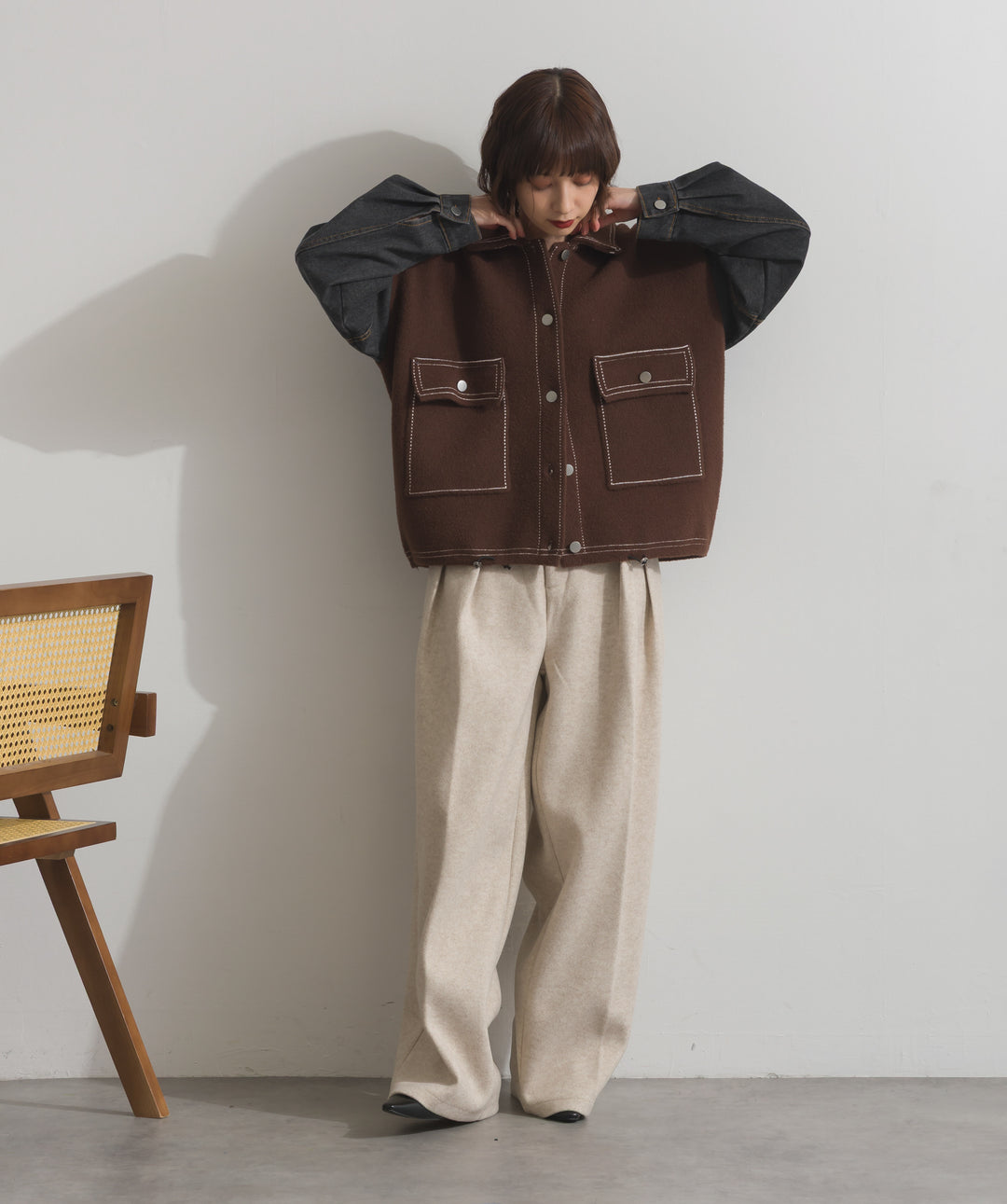 配色ステッチニットジャケットカーディガン