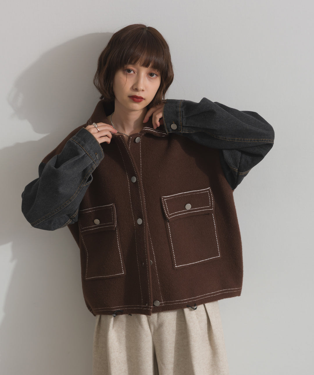 配色ステッチニットジャケットカーディガン