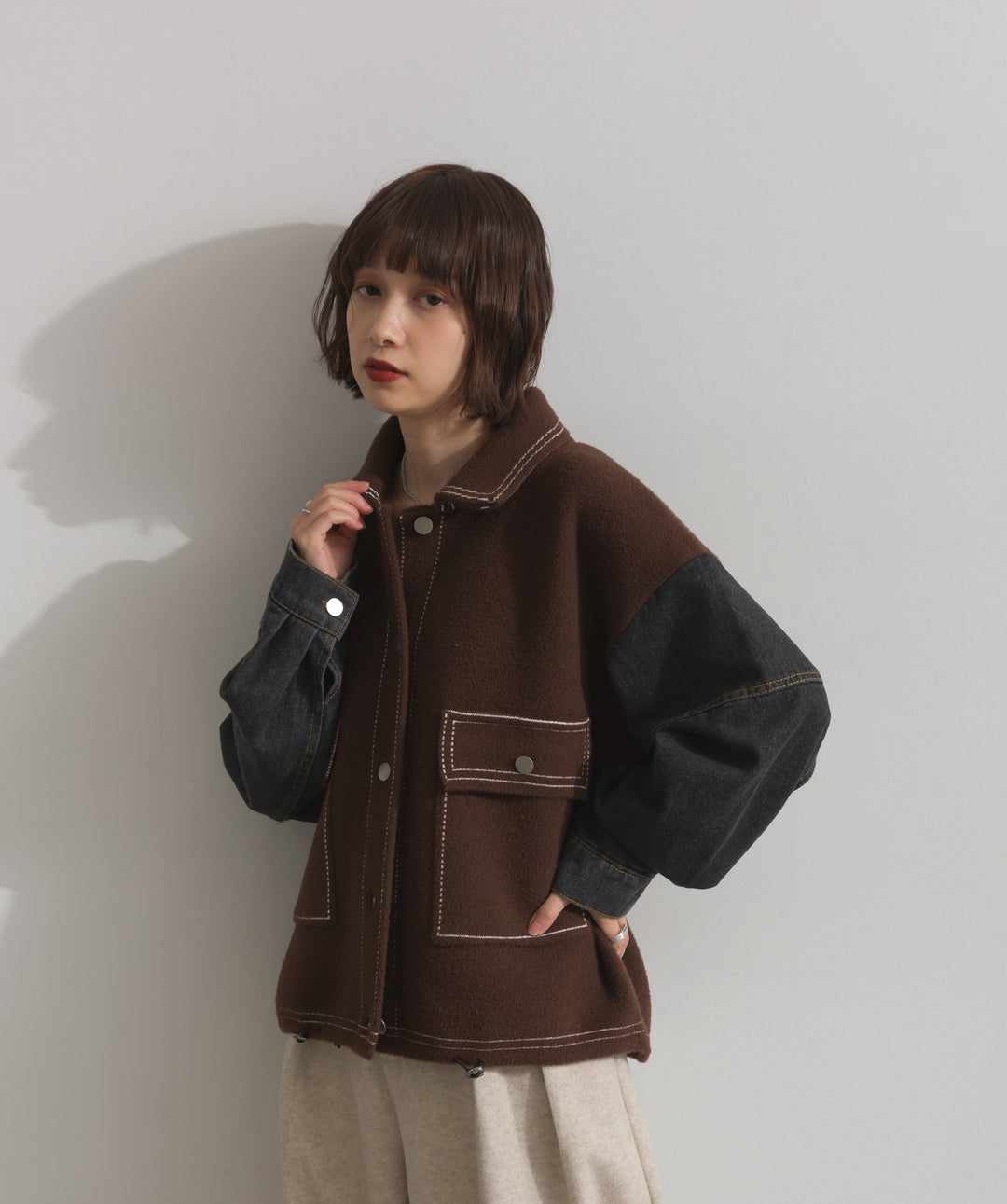 配色ステッチニットジャケットカーディガン