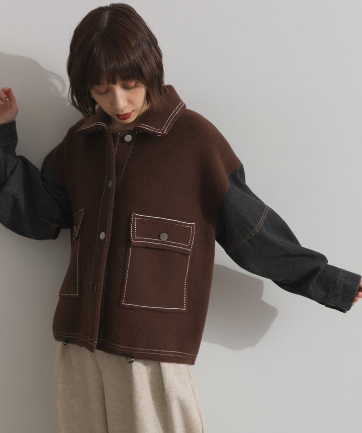 配色ステッチニットジャケットカーディガン