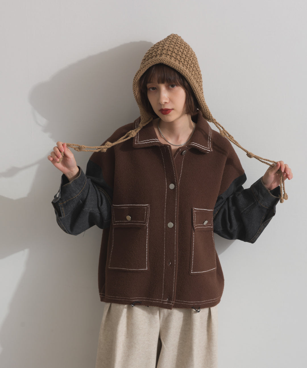 配色ステッチニットジャケットカーディガン