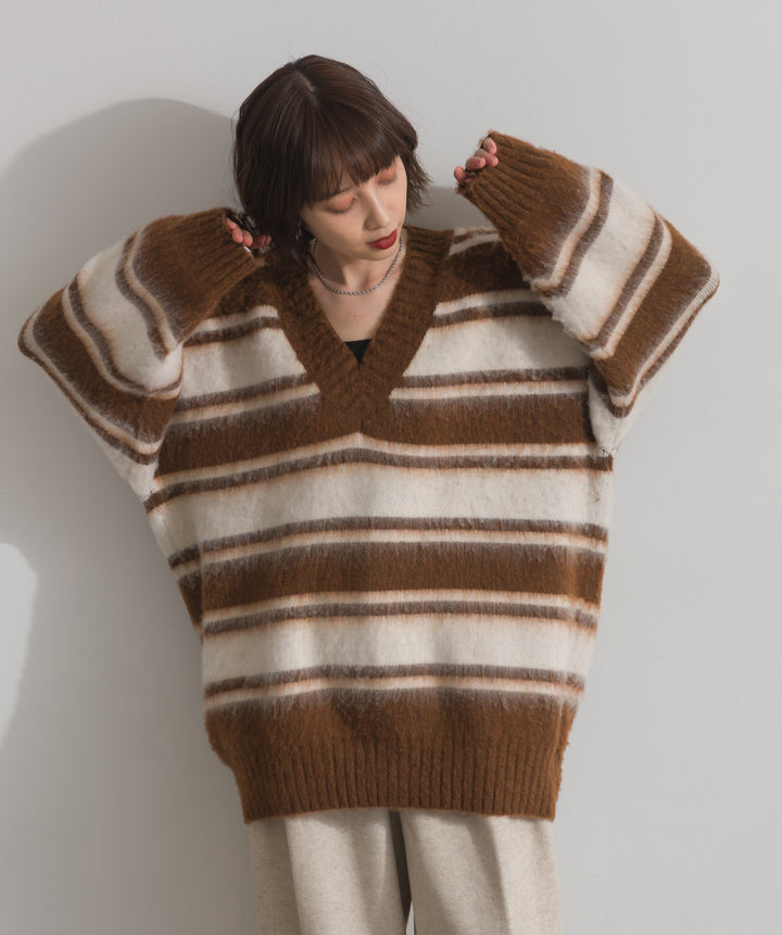 シャギーボーダーVネックニットプルオーバー