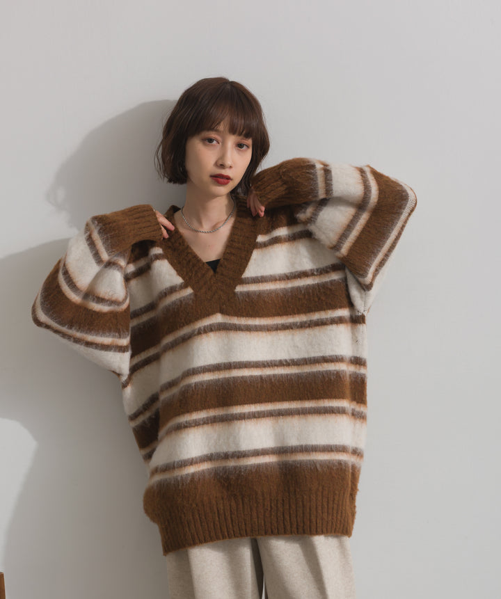 シャギーボーダーVネックニットプルオーバー