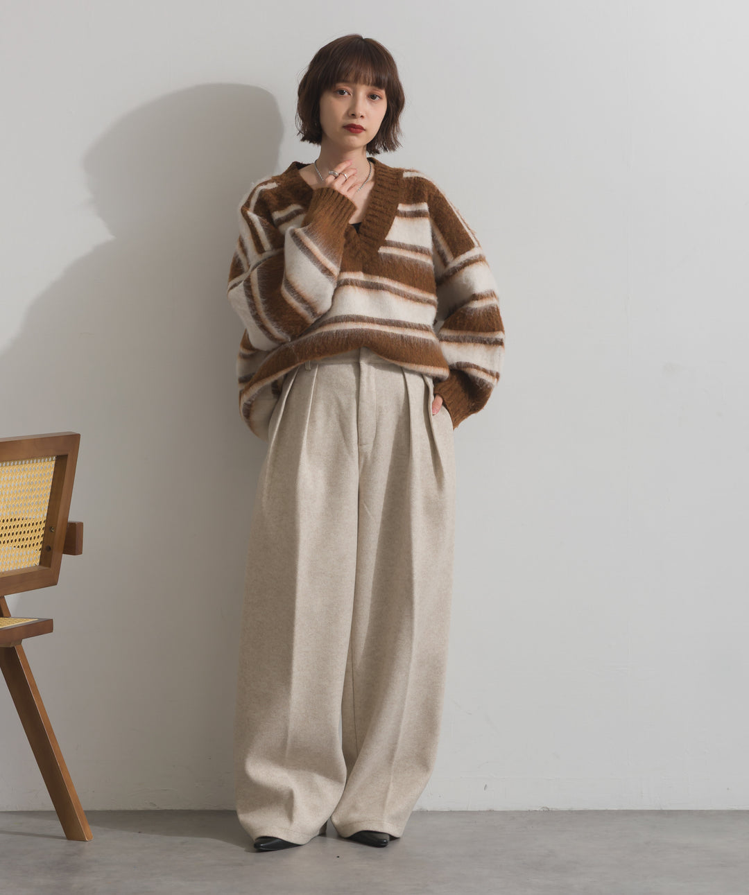 シャギーボーダーVネックニットプルオーバー