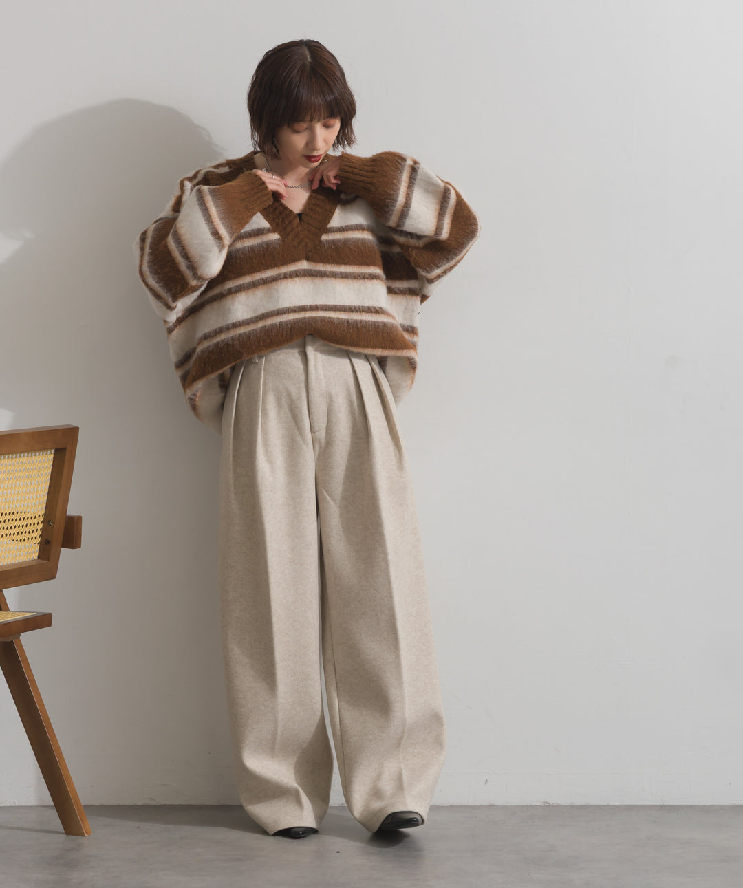 シャギーボーダーVネックニットプルオーバー