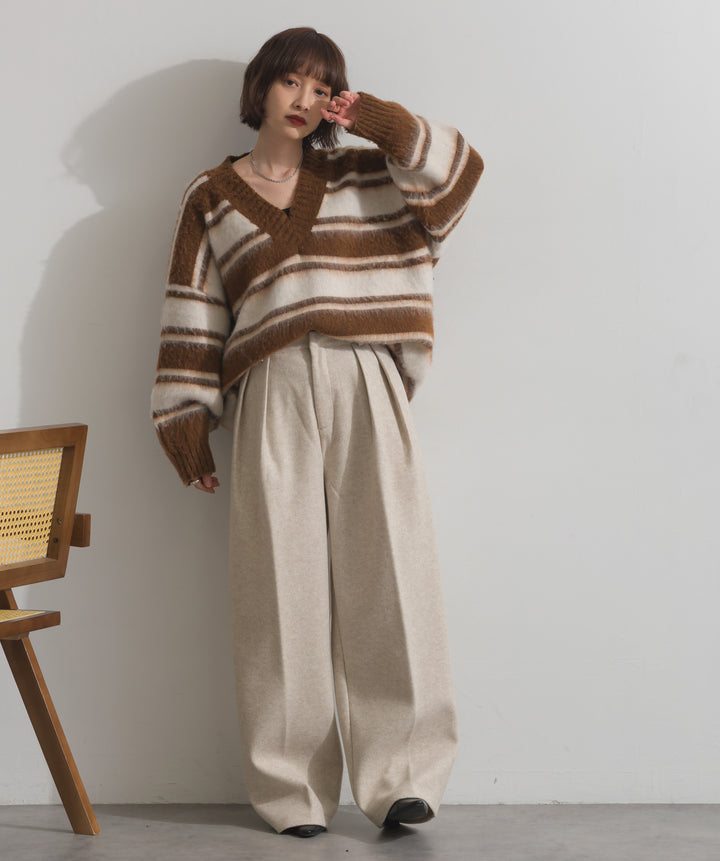 シャギーボーダーVネックニットプルオーバー