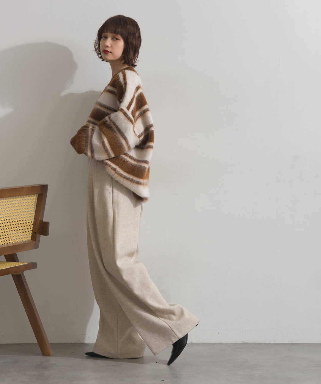 シャギーボーダーVネックニットプルオーバー