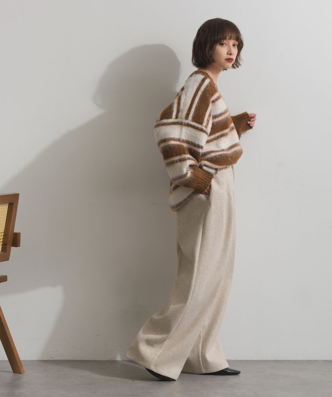 シャギーボーダーVネックニットプルオーバー