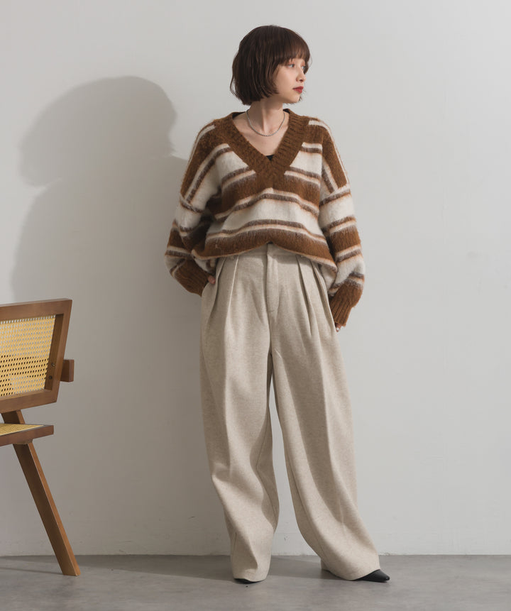シャギーボーダーVネックニットプルオーバー